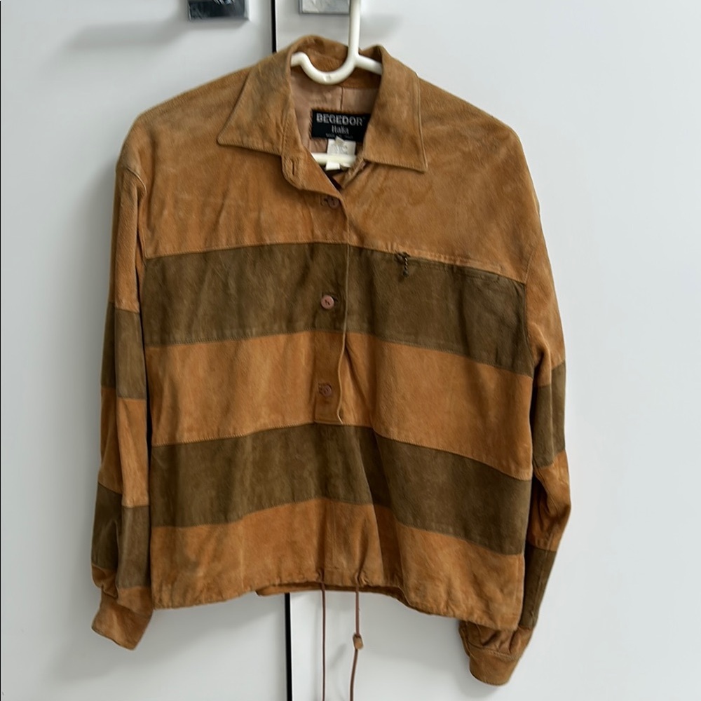Begedor Italian Suede Olive and Tan Striped Pullover Jacket